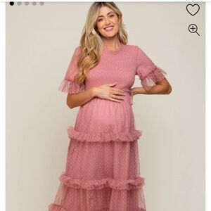 Pink Blush Pink Polka Dot Tulle Smocked Maternity Midi Dress